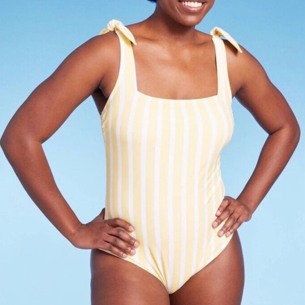 Kona Sol Striped Square Neck One Piece Swimsuit -Yellow Size Small C7--003